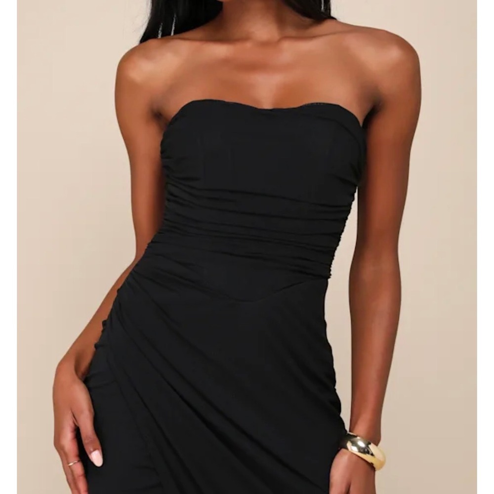 Lulus Epitome of Allure Black Mesh Strapless Ruched Maxi Dress NBD6304 Womens L - Picture 4 of 12